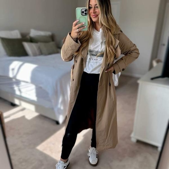 Tan beige button front belted midi trench coat - Picture 7 of 8